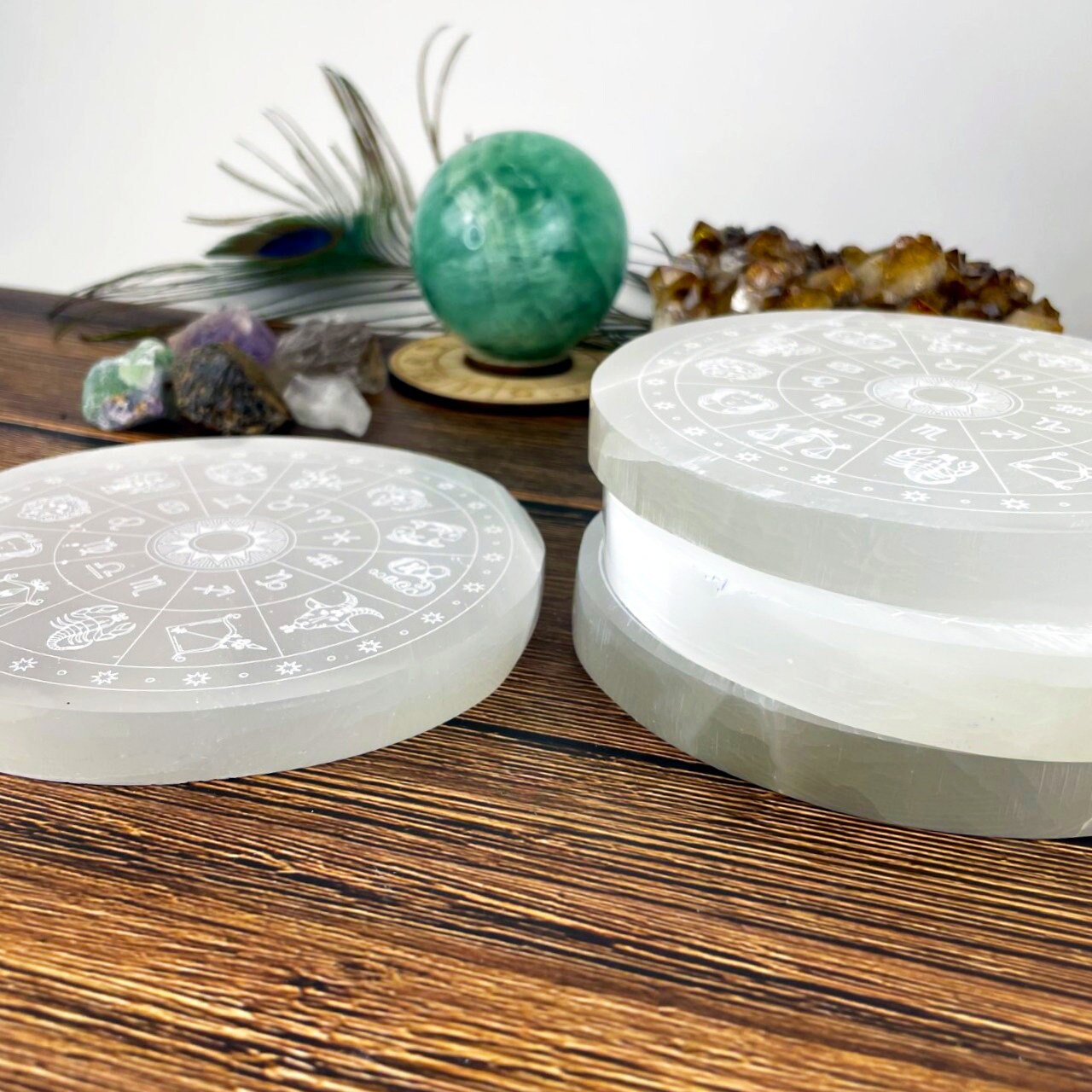 thumbnail image 2 of Handmade Selenite Charging Plate 4" - Astrology Zodiac Engraved Circle Disc 2 of 6