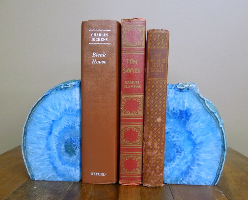 Agate Book End Blue Dyed Half Geode Druzy Bookend Rock Formation Lovely Book Ends 1-3 lb RK1-05 image 3