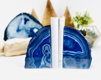 Blue Agate Bookend Pair - 9 to 12 lb - Geode Bookend - Home Decor (RK1-31)