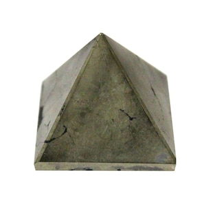 May include: A dark gray pyramid-shaped crystal with black veins. The crystal is smooth and polished.