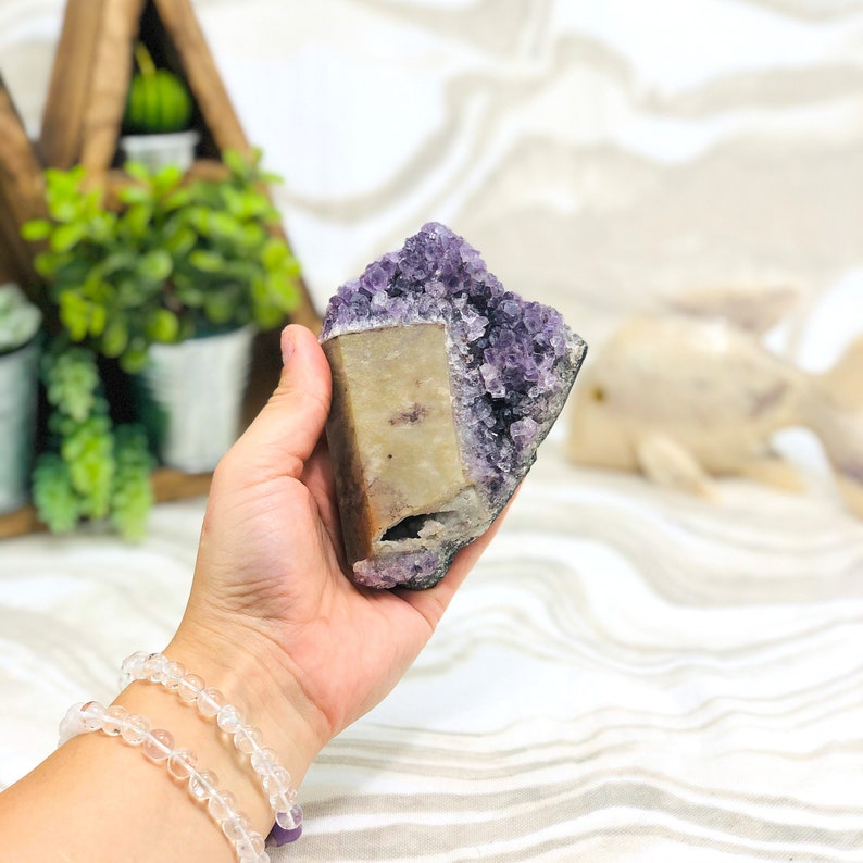 Amethyst Crystal Purple Geode With Calcite on Metal Stand OOAKB18-02
