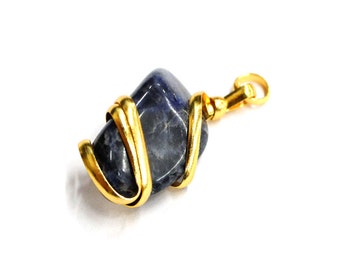 Wire Wrapped Pendant Gold Tone Spiral Tumbled Sodalite Pendant - Gold Tone Spiral Wrapped Tumbled Sodalite Pendant - (11BROWNSHELF-61-02)