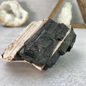 Raw Black Tourmaline with Quartz Matrix - Natural Rough Crystal for Protection and Grounding - OOAK -