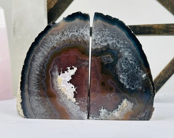 Natürliche Achat-Buchstützen, Geode-Kristall-Buchstützen-Paar