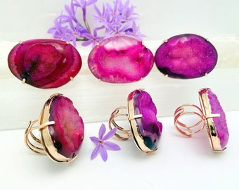 Pink Agate Druzy Adjustable Rings in Electroplated Rose Gold (8Brownshelf-90)