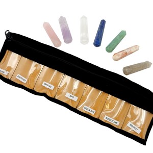 May include: A black zippered pouch with eight clear pockets labeled "Rose", "Amethyst", "Crystal", "Lapis", "Green Ave", "Sunstone", "Smokey", and "Rose". The pouch contains eight crystal points in various colors.