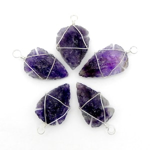 Amethyst Arrowhead Pendant Wire Wrapped Silver Tone Arrow Head Birthstone (10BROWNSHELF-69)