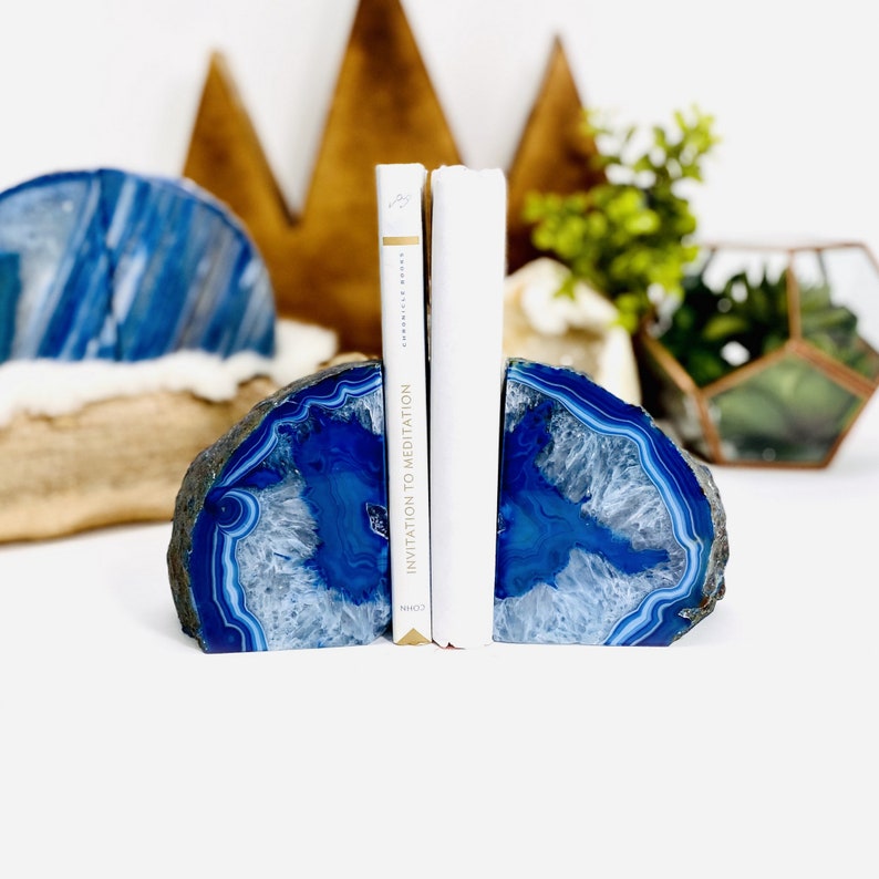 Blue Agate Bookend Pair 6 to 9 lb Geode Bookend Home Decor Crystal and Stones BKE image 9