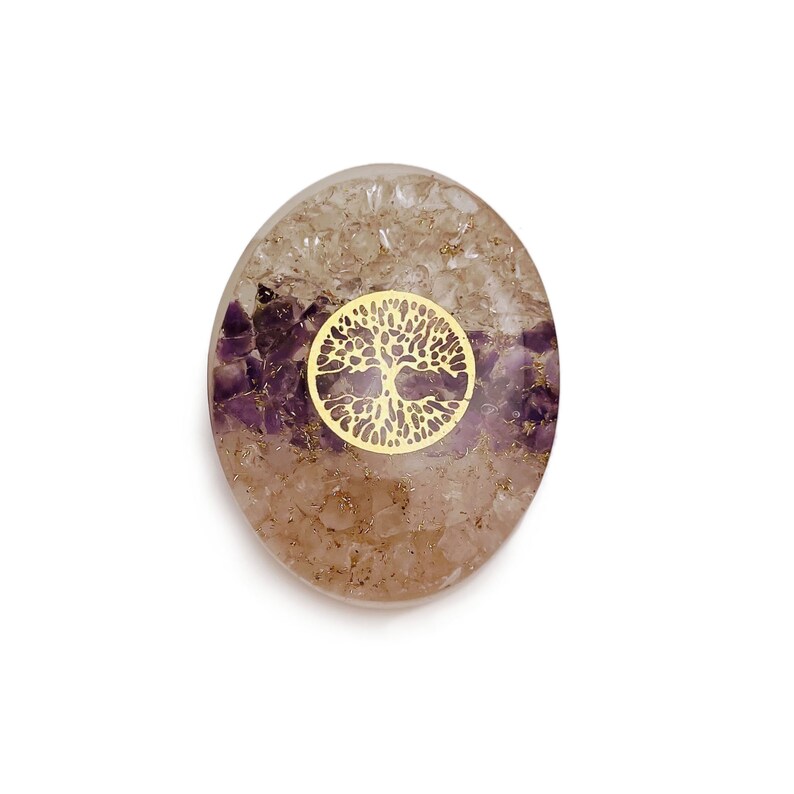 Orgone Energy Palm Stone Amethyst Rose Quartz Crystal Quartz - Tree of Life front view for reference.