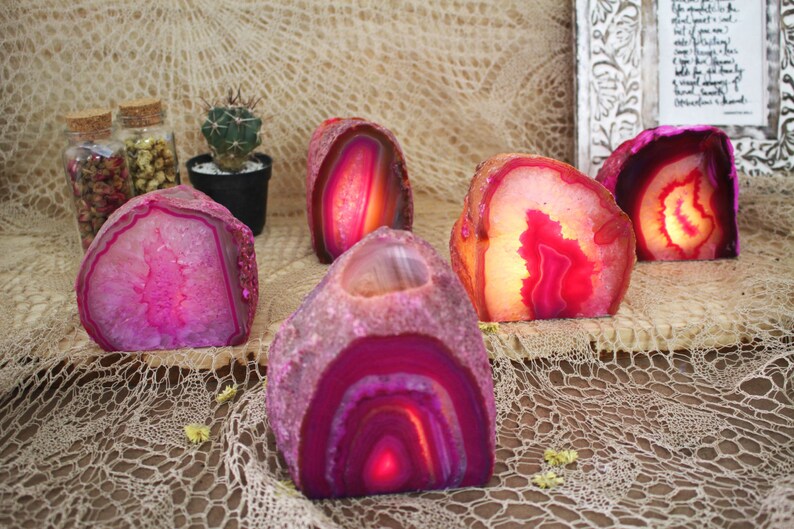 Pink Agate Candle Holder Crystal Decor Metaphysical Chakra Crystals CHS3-02 image 1