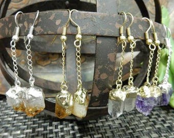 Crystal Point Earrings - Amethyst / Citrine / Clear Crystal points with Chain - (8BROWNSHELF)