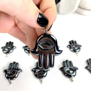 Hematite - Hamsa Hand - All Seeing Eye - Pendant - (RK37B23-01)