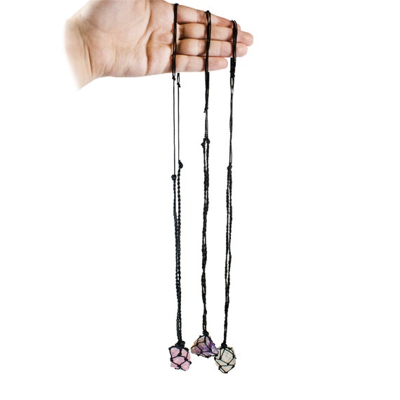 Crystal Necklace - Black String Wrapped - Rose Quartz