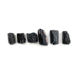 May include: Six black tourmaline crystals, also known as schorl, are arranged in a row on a white background. The crystals are raw and unpolished, with a natural, rough texture.
