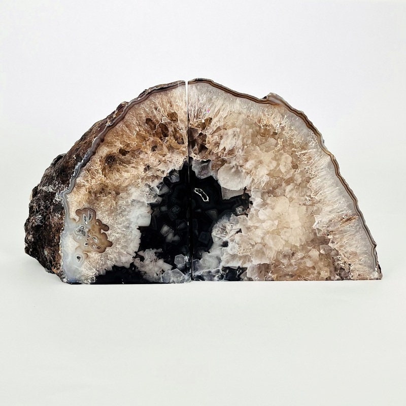 Black Agate Geode Bookend Pair - Handmade Stone Home Decor