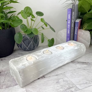 Selenite Crystal Candle Holder - Stone Candle Holder - Large 4 Holes for Votives (RK6-44)