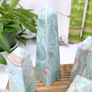 May include: A set of four blue and white celestite crystal points, also known as "Angel Wing" celestite, arranged on a wooden surface. The crystals are polished and have a smooth, glassy finish.