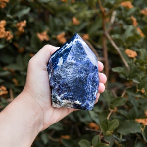 May include: A blue and white crystal point, also known as a sodalite crystal, is held in a hand. The crystal has a rough, natural texture.