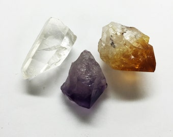 3 pcs Citrine, Amethyst & Crystal Quartz Points - Energizer Triple Brazilian Quartz Points - Jewelry Supplies (RK89B5)