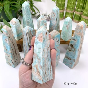 May include: A collection of blue and brown celestite crystal points, also known as "Angel Wing" celestite, arranged on a wooden surface. The crystals are approximately 301 to 400 grams in weight.