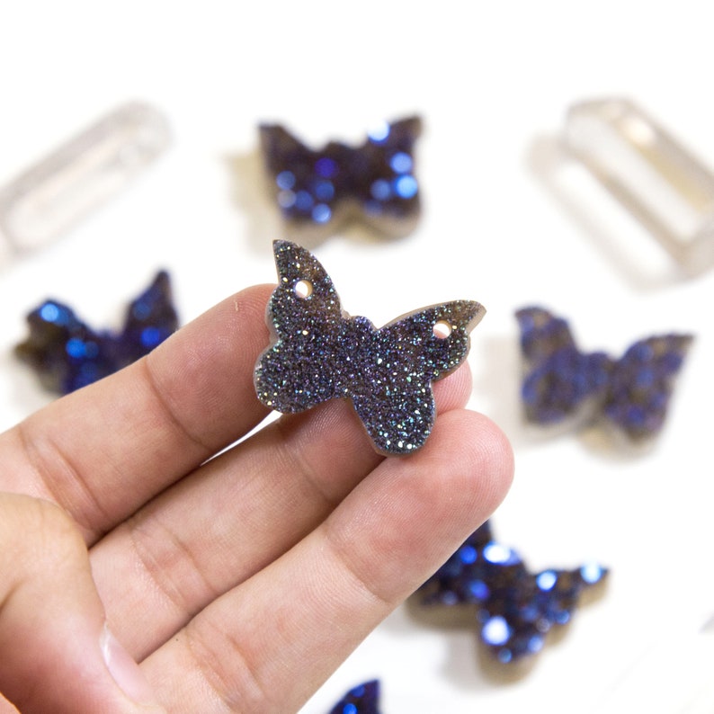 Butterfly Shaped Druzy Pendant Mystic Blue Titanium Treated Cabochon Double Drilled RK94B10-03