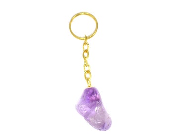 Tumbled Amethyst Gold Toned Key Chain - Natural Crystal Amethyst Stone Key chain (6BROWNSHELF-21)