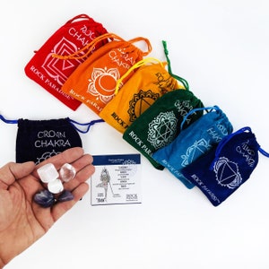 Chakra Colorful Plush Pouches - 7 sets - Each with Information Card and 5 Tumbled Stones