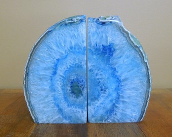 Agate Book End -- Blue Dyed Half Geode Druzy Bookend Rock Formation - Lovely Book Ends 1-3 lb (RK1-05)