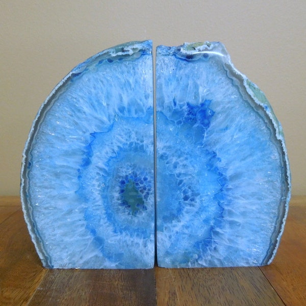 Agate Book End -- Blue Dyed Half Geode Druzy Bookend Rock Formation - Lovely Book Ends 1-3 lb (BKE1)