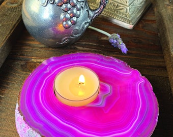 Pink Agate Slab Crystal Candle Holder - Home Decor - Boho Style - Agate Candle Holder (CHS1-02)