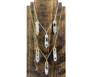 Triple Point Crystal Dangle Pendant Necklace - 18" Chain in Gold/Silver Plating (4Brownshelf)