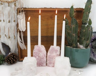 Quartz Candle Holder - Rough Natural Stone - YOU CHOOSE Rose or Crystal Quartz (RK901TAPER)