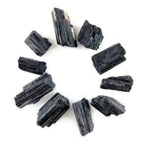 May include: A collection of ten black tourmaline crystals arranged in a circle on a white background. The crystals are all roughly the same size and shape, and they have a natural, rough texture.