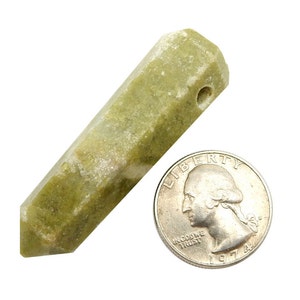 Vesonite Tower Obelisk Point Wire Wrapping Chakra Reiki Crystal and drilled top center bead. Showing reference next to quarter.