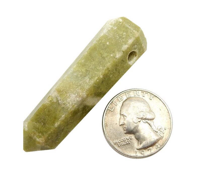 Vesonite Tower Obelisk Point Wire Wrapping Chakra Reiki Crystal and drilled top center bead. Showing reference next to quarter.