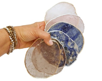 Stone Slices Coaster Size - Smokey Quartz, Rose Quartz, Sodalite, with Gold and Silver Electroplated Edges - YOU CHOOSE (OB9)