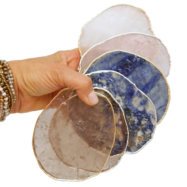 Electroplated Stone Slice Coaster – Smoky Quartz, Rose Quartz, Sodalite