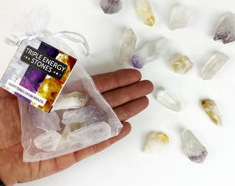 Triple Energy Stone Collection - One (1) Set of Natural Crystals - Citrine, Amethyst, Quartz - (TS-130)