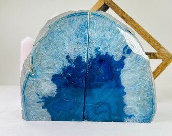 Xlarge Blue Agate Bookend Dyed Book Ends Geode Set