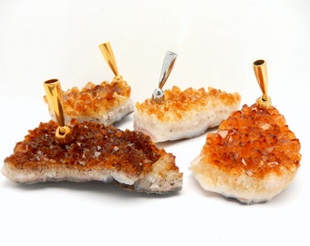 Citrine Cluster Pen Holder with Gold Tone Pen Holder - Handmade in Brazil