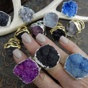 Druzy Ring - Adjustable Size - Stone Edged in Electroplated in 24k Gold or Silver - YOU CHOOSE Stone Color