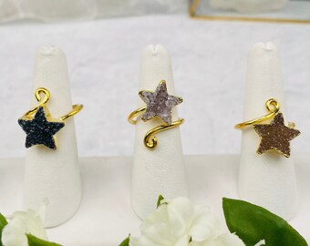 Druzy Star Wrap Ring with Thin Adjustable 24k Gold Electroplated Band