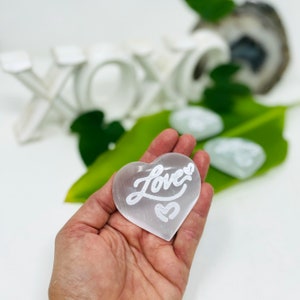 Selenite Crystal Engraved &quot;Love&quot; Heart - Palm Stone Crystals and Stones