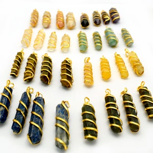 Stone Pendant Wire Wrapped Gold Tone Charm - YOU CHOOSE STONE - Metaphysical (AM26)
