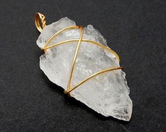 Crystal Quartz Arrowhead Pendant Wire Wrapped Gold Tone Arrow Head Charm (10BROWNSHELF-66)