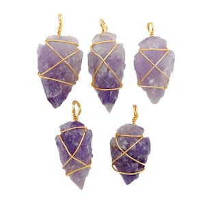 Amethyst Arrowhead Crystal Pendant Wire Wrapped Gold Tone Arrow Head Charm