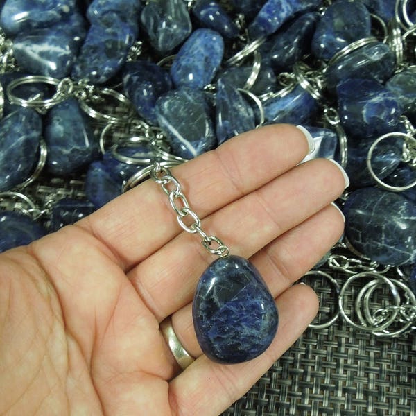 Tumbled Sodalite Silver Toned Key Chain - Natural Blue Stone Keychain - Polished Sodalite Choose 1, 5, 10, 25 qty (6BROWNSHELF-16)