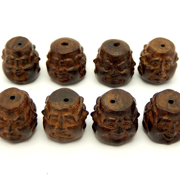 Carved Dark Brown Wooden Petite Face Buddha Head Bead -Top to Bottom Drilled Bead- (RK36B28-03)