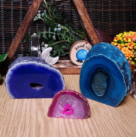 Violet Magenta Teal Agate Geode Dyed Agate Geode Druzy Cut