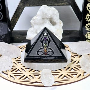 Black Obsidian Crystal Pyramid with Seven Chakra Crystal Accents Protection Stone